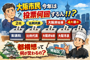 大阪市民は今年何回投票するのかをテーマに、衆議院選挙・比例代表・大阪府知事・大阪市長の投票箱と悩む市民、都構想の疑問を描いたイラスト