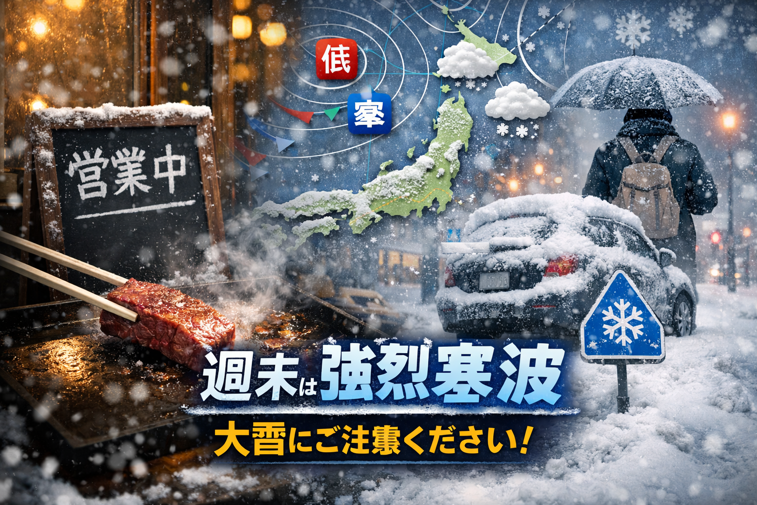 大雪予報の日本列島と強い冬型の気圧配置を背景に、雪の降る街で営業中のステーキハウス和豪の鉄板で焼かれるステーキ。近畿・北陸の大雪や交通障害への注意を伝えるイメージ