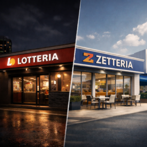 ロッテリアとゼッテリアの店舗外観比較。外食業界のブランド転換と時代の変化を表現したアイキャッチ画像