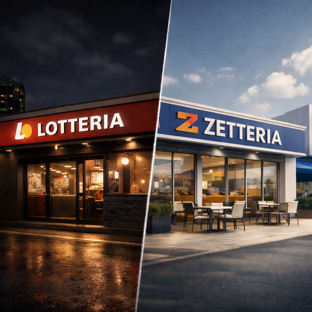 ロッテリアとゼッテリアの店舗外観比較。外食業界のブランド転換と時代の変化を表現したアイキャッチ画像