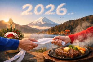 箱根駅伝の襷をイメージした手元と、富士山・芦ノ湖の正月風景、鉄板で焼かれるステーキを重ねた2026年新年のアイキャッチ画像