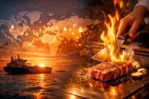 世界の原油市場と鉄板で焼かれるステーキを対比したイメージ。国際情勢が飲食店の原価や価格判断に影響を与えていることを象徴している。