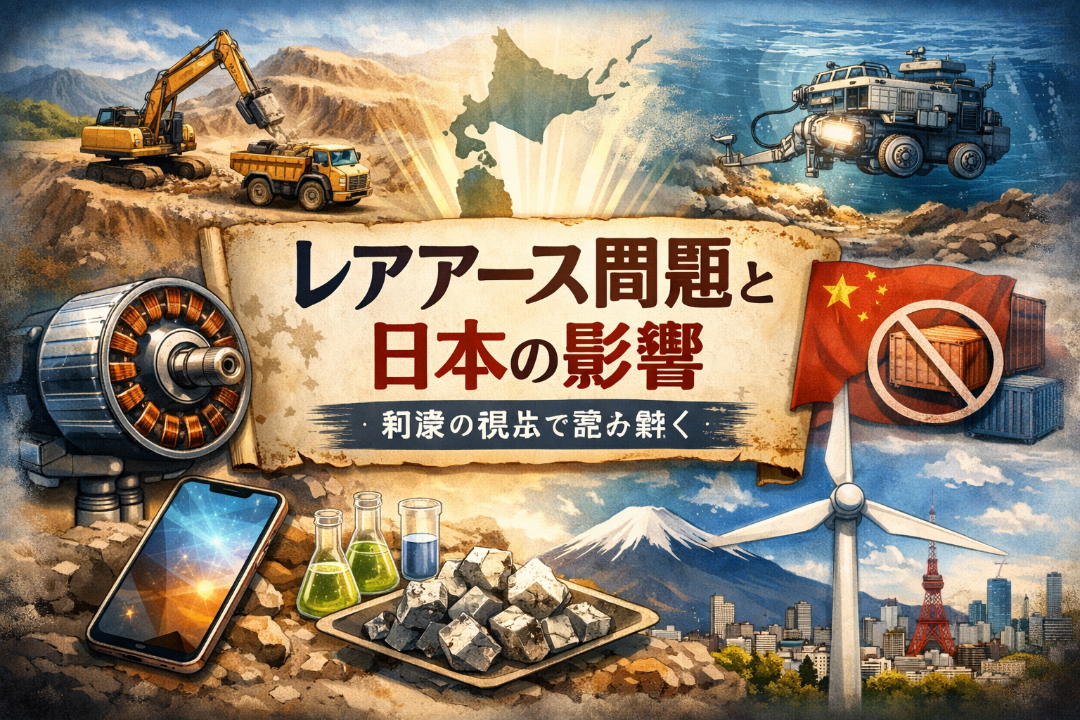 中国のレアアース輸出規制と日本への影響をテーマに、鉱山での採掘、海底資源、電気自動車用モーター、風力発電、日本地図を組み合わせて表現したアイキャッチ画像