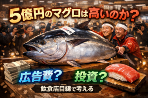 豊洲市場の初競りで注目を集めた高額マグロを通じて、飲食業における広告と投資の違いを表現したビジュアル