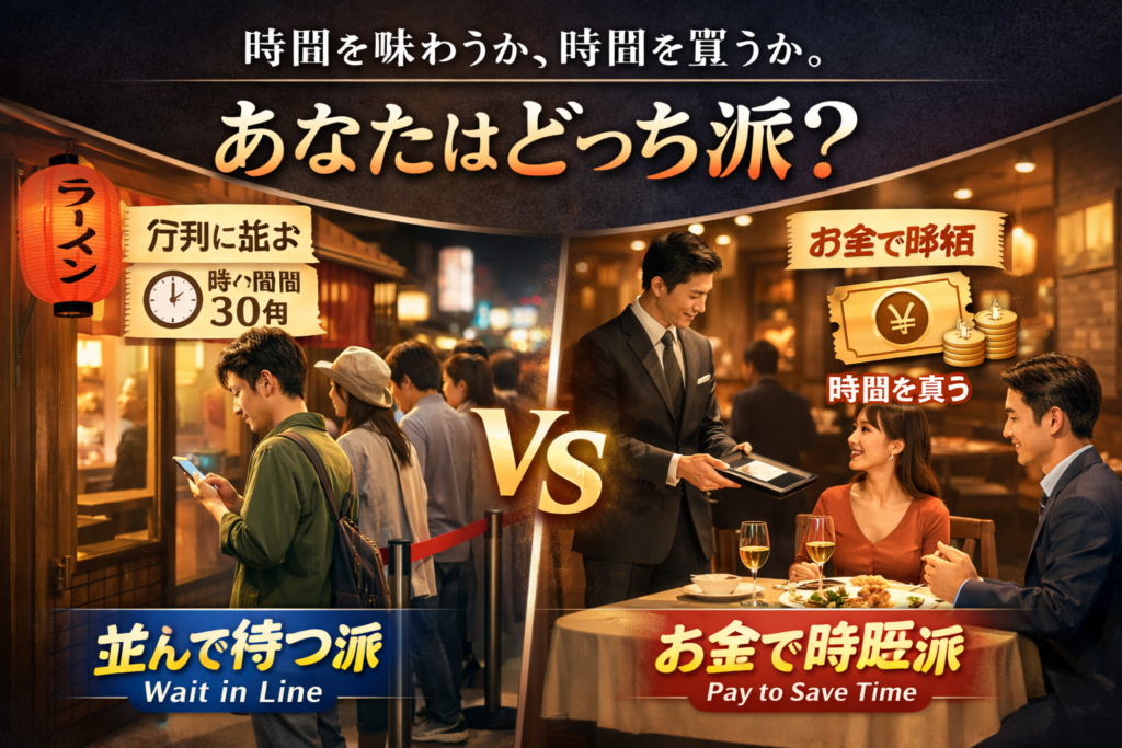 行列に並んで待つ派とお金で時間を買う派を左右で対比した飲食店の選択を問うイメージ。時間を味わうか、時間を買うかをテーマにした和豪のブログ用アイキャッチ画像
