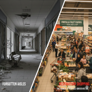 廃墟化したショッピングモールの通路と、行列ができる人気スーパーを対比したイメージ。集客力の差と目的来店の重要性を表現