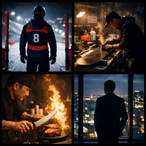 夜の五輪スタートゲートに立つスノーボード選手、ワックスを施す技術者、炎の上でナイフを手にステーキを調理するシェフ、そして夜景を前に佇む経営者の姿を通して“任せる責任”を表現したイメージ。