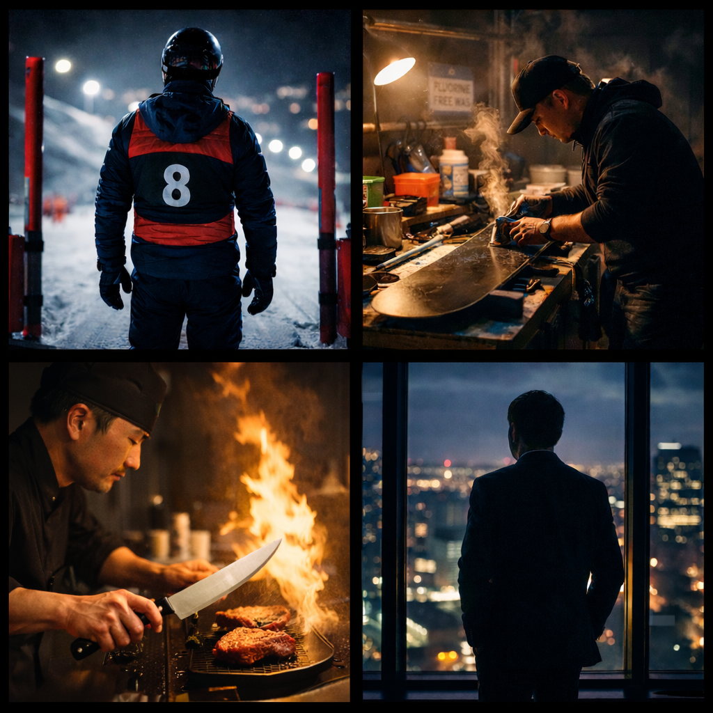 夜の五輪スタートゲートに立つスノーボード選手、ワックスを施す技術者、炎の上でナイフを手にステーキを調理するシェフ、そして夜景を前に佇む経営者の姿を通して“任せる責任”を表現したイメージ。