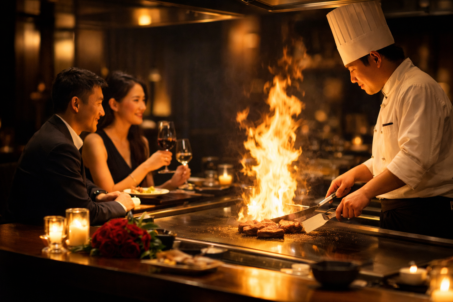 炎が上がる鉄板の前で、シェフがステーキを焼き上げる様子を見守りながらワインを楽しむカップルの特別なディナー風景