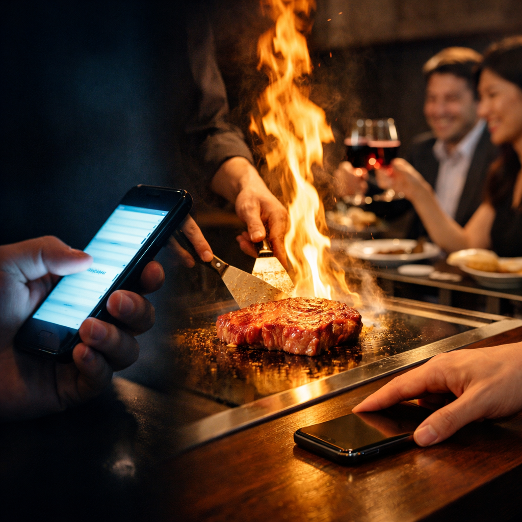 スマートフォンに没頭する人物の姿と、鉄板で炎を上げて焼かれる神戸牛を楽しむリアルなステーキハウスの風景を左右で対比した実写風アイキャッチ画像