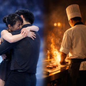 氷上で抱き合うフィギュアスケートのペアと、炎が立ち上る鉄板の前に立つシェフを柔らかくぼかしで繋いだ対比構図の実写風ビジュアル