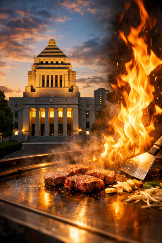 夕暮れの国会議事堂を背景に、炎が立ち上る鉄板の上でステーキを焼く対比イメージ、政治と責任を象徴するビジュアル