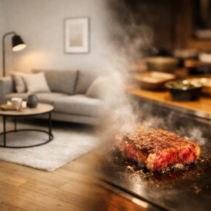 柔らかいモノトーンの北欧リビングと木目床の空間が、湯気立つ鉄板ステーキの黒と赤のコントラストと境界をぼかして融合する実写風アイキャッチ画像