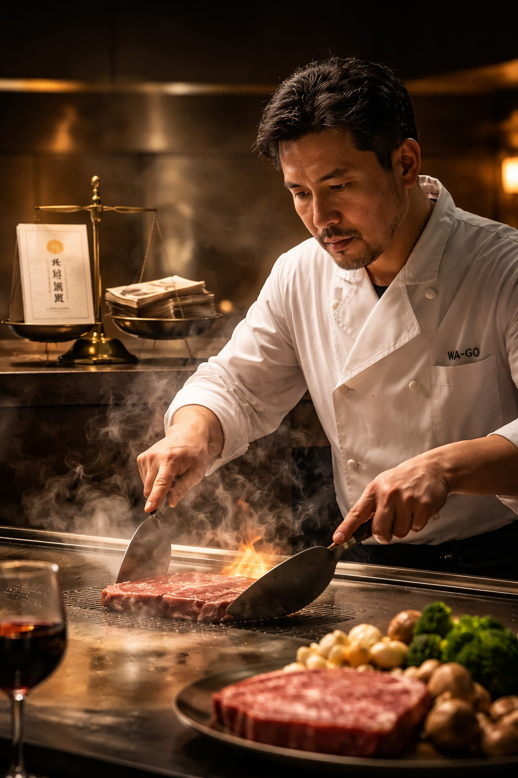 鉄板の前で真剣な表情のシェフがステーキを焼く姿と、背後に憲法冊子と札束を載せた天秤が置かれた「守る責任」を象徴する実写風アイキャッチ画像