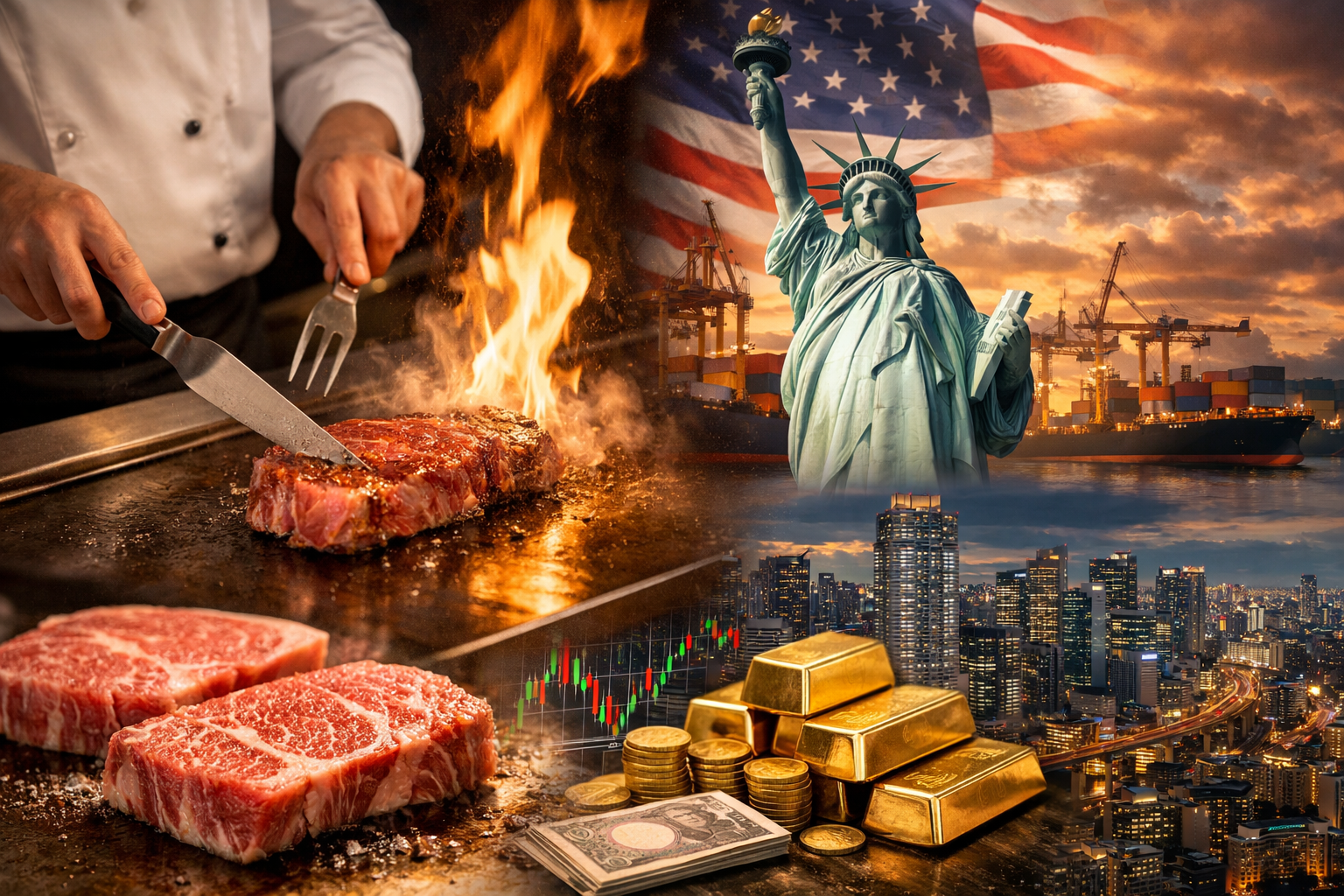 炎が立ち上る鉄板で和牛ステーキを焼くシェフの手元と、自由の女神・米国旗・コンテナ港・大阪夜景・金塊・ドル紙幣・株価チャートを重ね、米国の追加関税政策と世界経済の揺れが飲食業に与える影響を象徴的に表現したビジュアル。