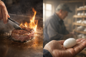 炎が上がる鉄板で焼かれるステーキと、蚕室で白い繭を手にする養蚕農家を左右に対比させたビジュアル