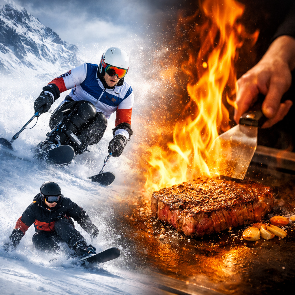 ミラノ・コルティナパラリンピックの雪上競技と鉄板焼ステーキの炎を対比したイメージ