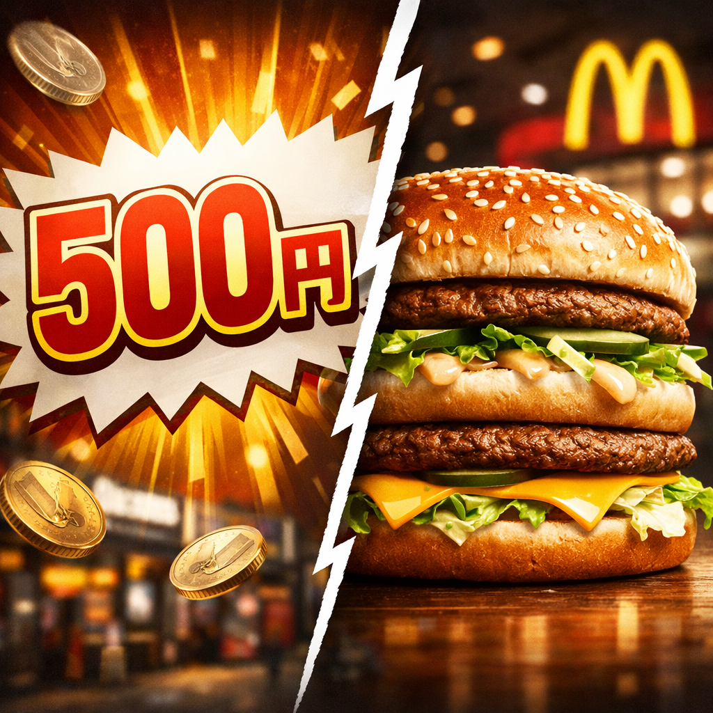 ビッグマック500円を強調した価格表示とハンバーガーの接写を左右に分けた対比ビジュアル、値上げインパクトを象徴するアイキャッチ画像