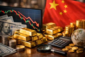 金価格の下落を示すチャートと金塊、米ドル紙幣、中国を象徴する背景。世界の資金の流れと金相場の関係を解説するイメージ