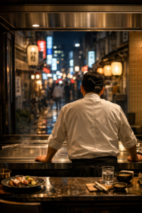 夜の大阪・北新地の街並みと鉄板焼カウンターで佇む料理人の背中。仕事の境界線と責任を考えさせる和豪ブログのアイキャッチ画像