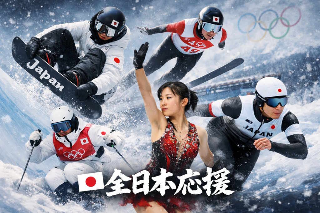 冬季オリンピックで活躍する日本人選手たち。スノーボード、スキー、スピードスケートの競技シーンを実写風で描いた全日本応援のイメージ