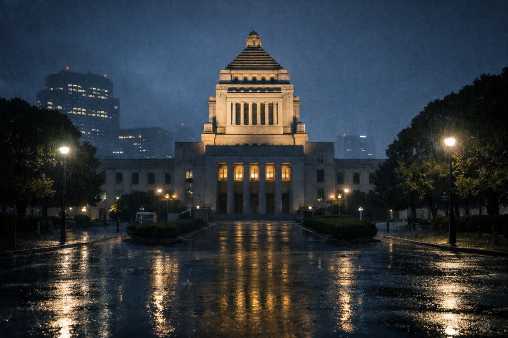 雨の夜にライトアップされた国会議事堂。選挙後の静かな政治の始まりを象徴する日本の国会風景