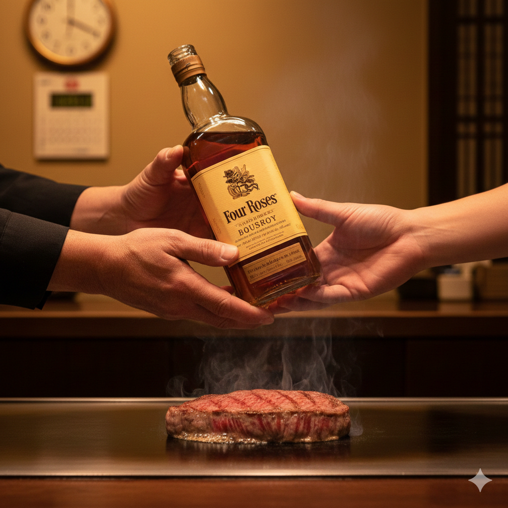 フォアローゼズのバーボンウイスキーを次の担い手へ引き継ぐ手元と、鉄板で焼かれる和牛ステーキの対比