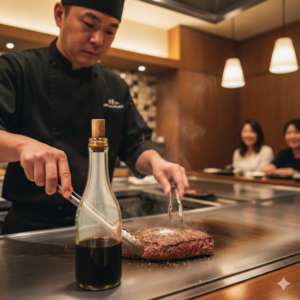 大阪・西梅田「ステーキハウス和豪」の鉄板焼きの風景。黒いコックコートを着たシェフが、目の前の鉄板で厚切りのステーキを丁寧に焼き上げている様子。手前には店主こだわりの「切り目を入れたコルク栓がされたハーフワインボトルの出汁醤油」が置かれ、奥ではお客様が笑顔で焼き上がりを待っている、ライブ感あふれる店内の様子。