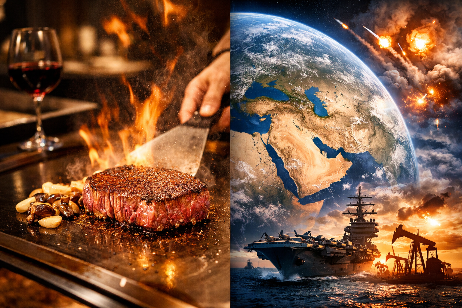 鉄板で焼かれる神戸牛ステーキと世界情勢を象徴する地球と軍艦の対比イメージ