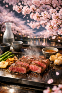 桜の下で楽しむ鉄板焼きステーキと春野菜の料理イメージ