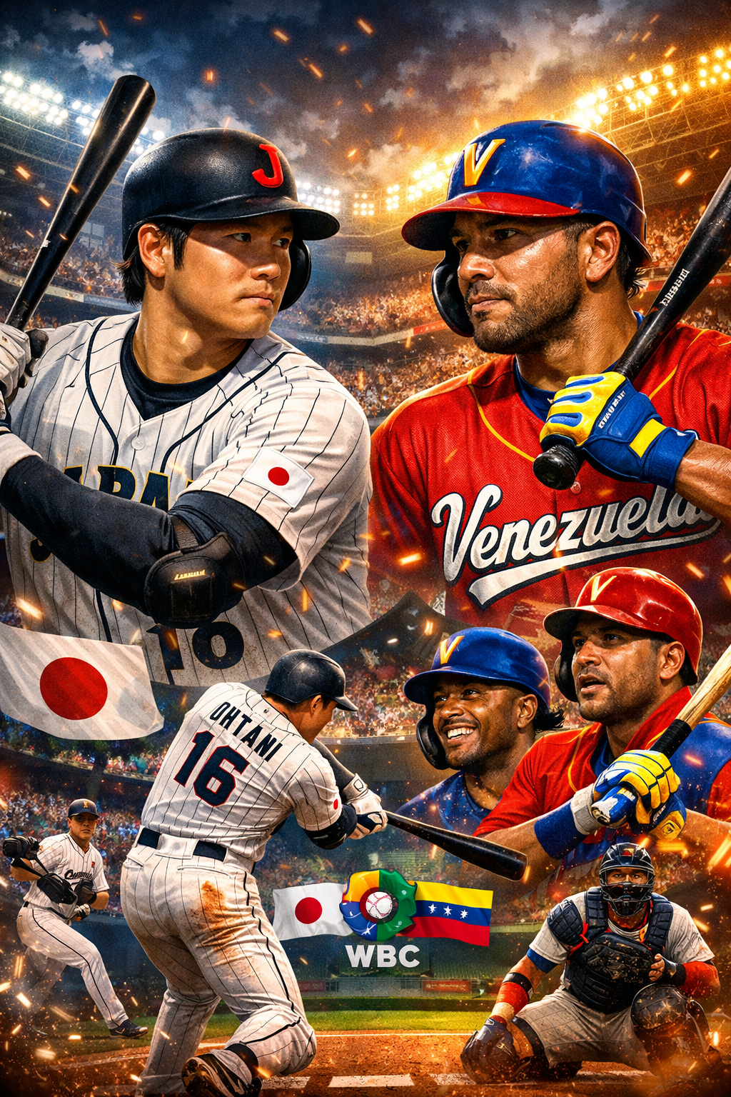 WBC準々決勝で対戦する侍ジャパンとベネズエラ代表をイメージした野球スタジアムのイラスト。大谷翔平を中心に日本代表とベネズエラの強打者が対峙する迫力ある試合シーン。