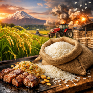 日本の米問題を象徴するイメージ。田んぼとトラクター、山積みの米袋、鉄板で焼かれるステーキとガーリックライス