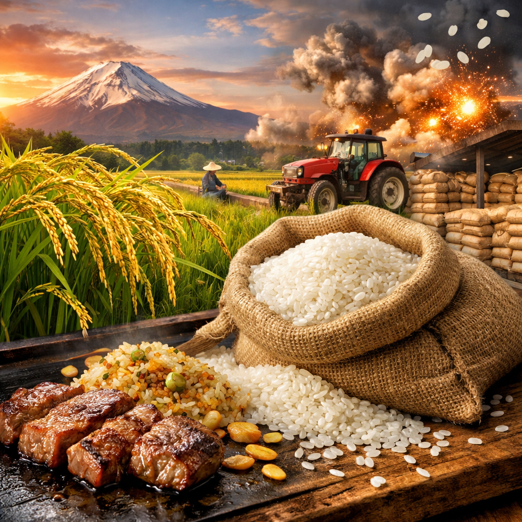 日本の米問題を象徴するイメージ。田んぼとトラクター、山積みの米袋、鉄板で焼かれるステーキとガーリックライス