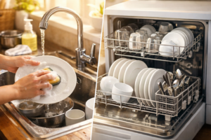 手洗いと食洗機のコスト比較イメージ｜シンクで皿を洗う手と食洗機に並ぶ食器の対比