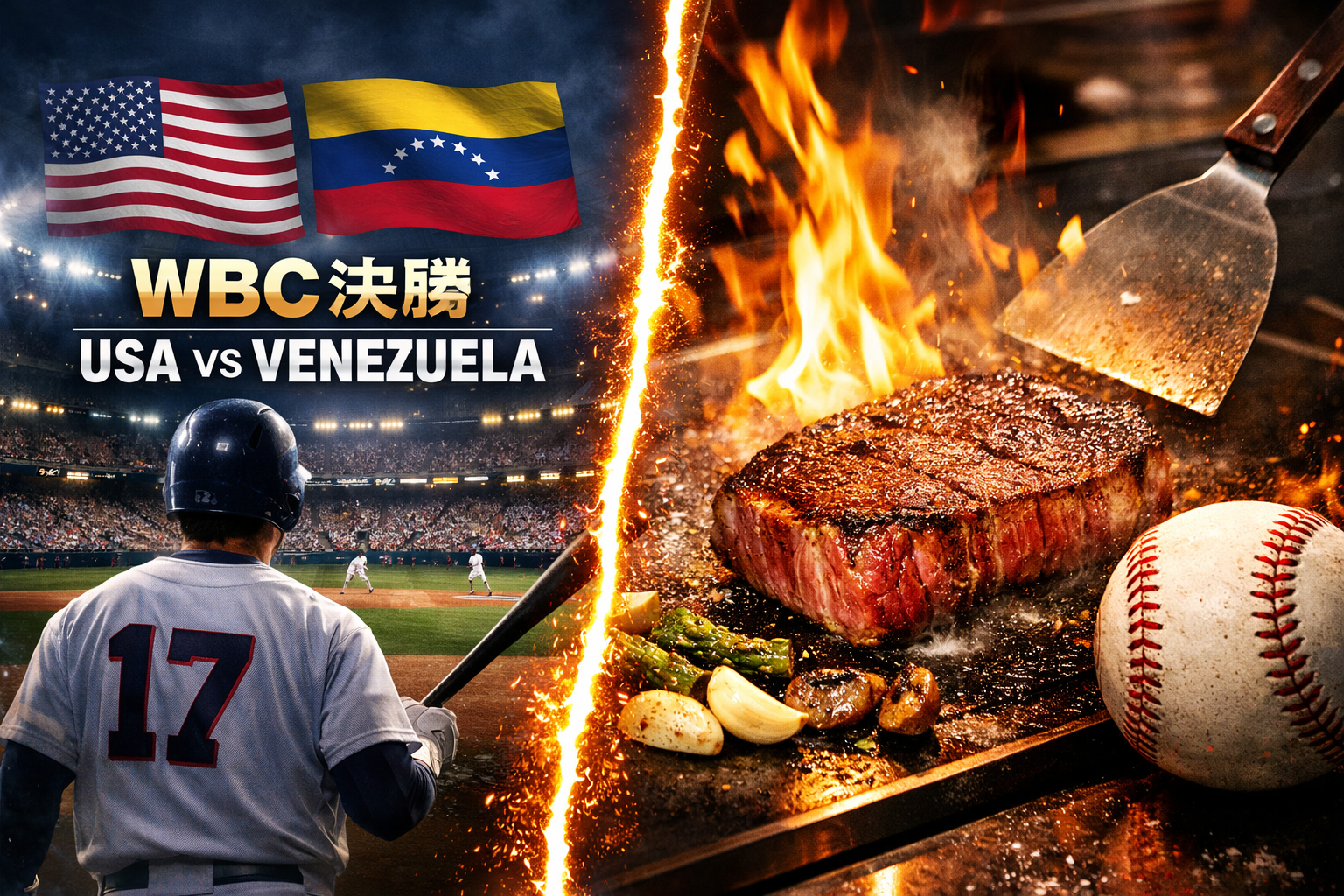 WBC決勝 アメリカ対ベネズエラと神戸牛ステーキの対比ビジュアル