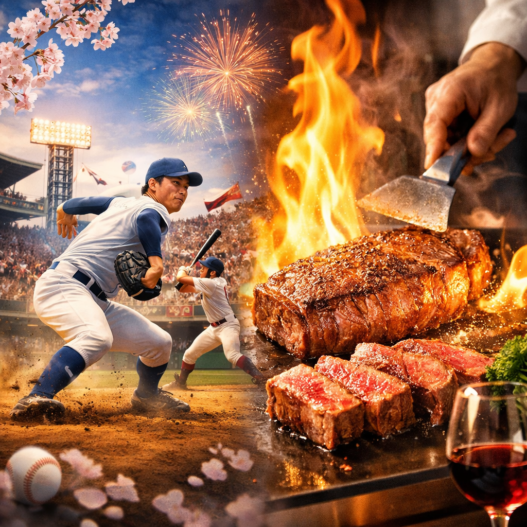 桜舞う甲子園球場と鉄板で焼かれる神戸牛ステーキの臨場感あるビジュアル