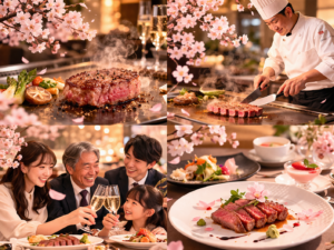 春の鉄板焼きカウンターで焼き上がる黒毛和牛ステーキと舞い散る桜、卒業シーズンの特別ディナーイメージ