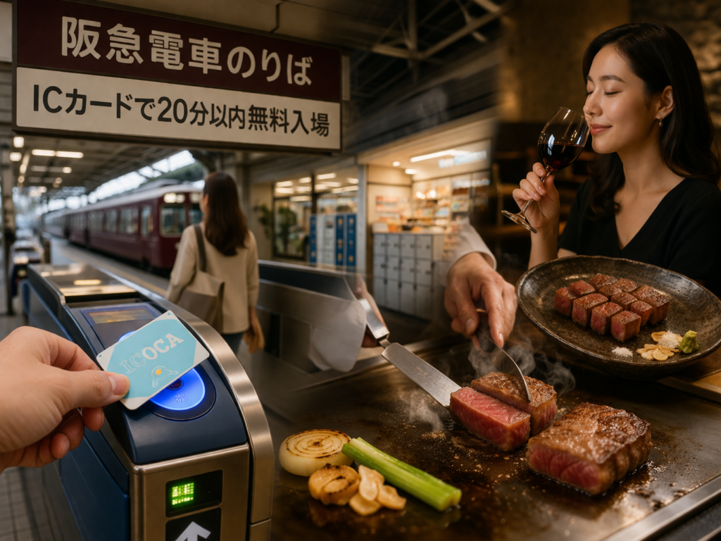 阪急電鉄のICカード20分無料入場サービスと鉄板焼きステーキ体験を対比したイメージ。駅改札でICOCAをタッチするシーンと、和豪の鉄板で焼き上げる神戸牛ステーキの臨場感を表現したビジュアル。