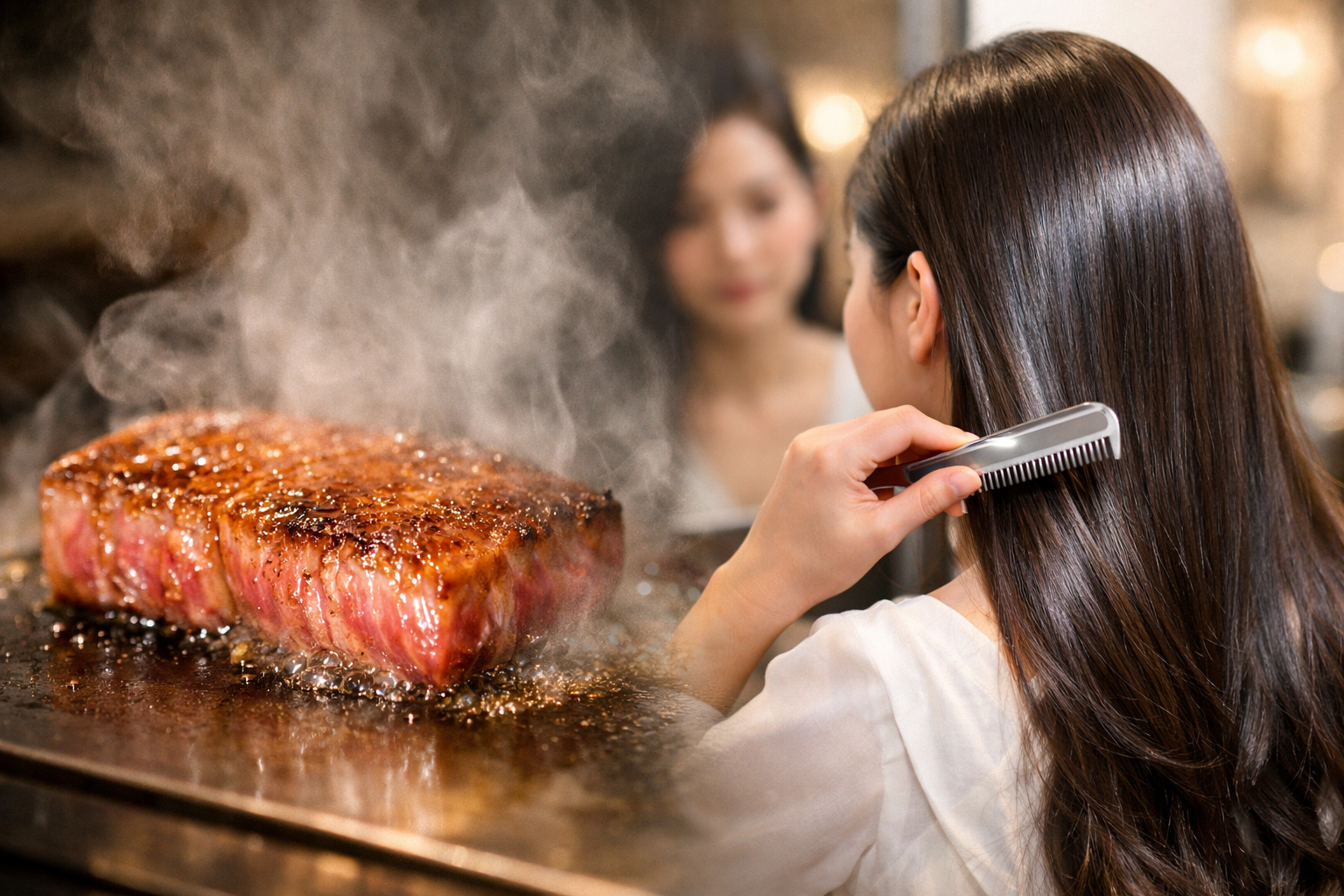 「鉄板の上で艶やかに焼き上がる神戸牛ステーキと、鏡の前で光沢のある髪をコームで整える女性を左右に配置したイメージ。ツヤや質感の美しさを象徴的に表現したビジュアル」