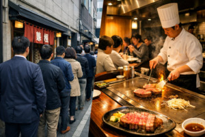 ランチタイムに行列ができるステーキハウス和豪の外観と、店内で鉄板焼きを楽しむ様子の対比