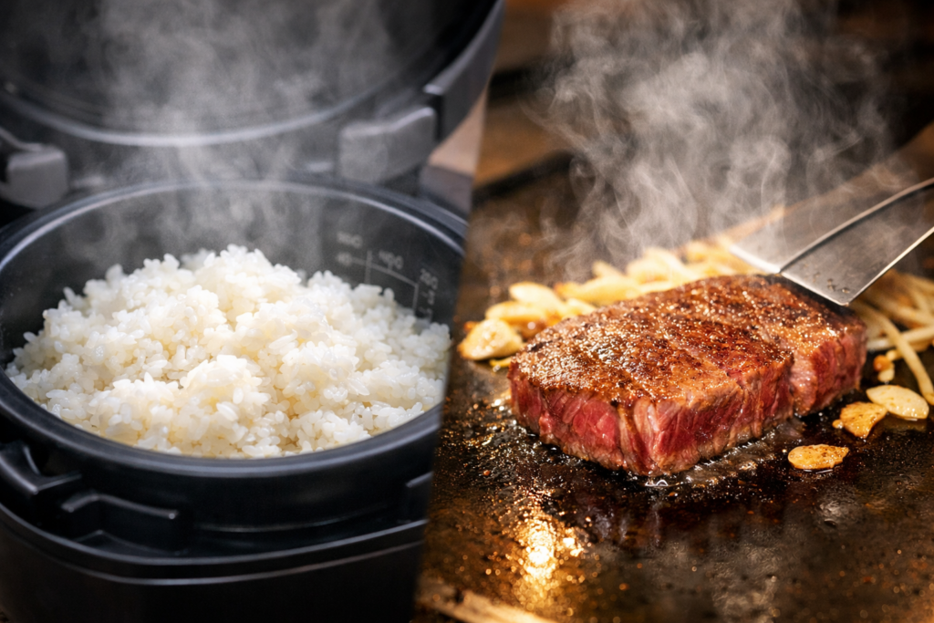 炊きたての白ごはんと鉄板で焼かれる神戸牛ステーキ。湯気が立ち上る対比構図で、ごはんと肉の美味しさを表現したイメージ