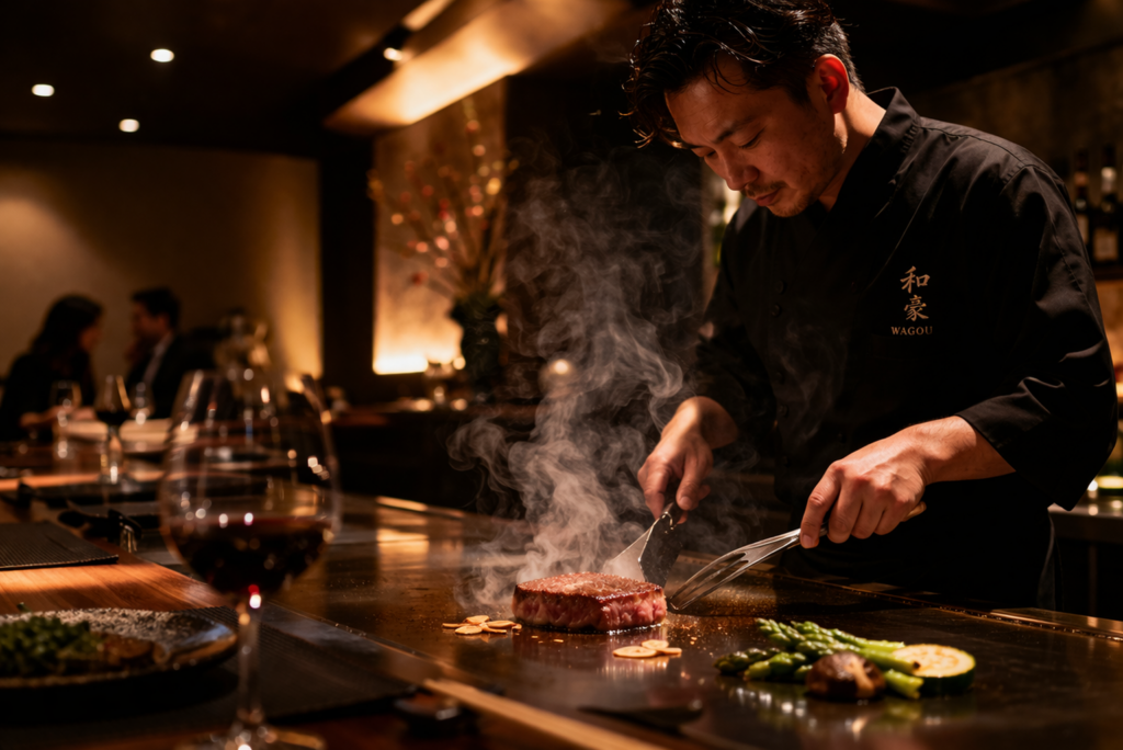 鉄板焼きカウンターでシェフがステーキを焼き上げる様子と立ち上る蒸気、落ち着いた照明の中でゆったりとした時間が流れる高級レストランの空間