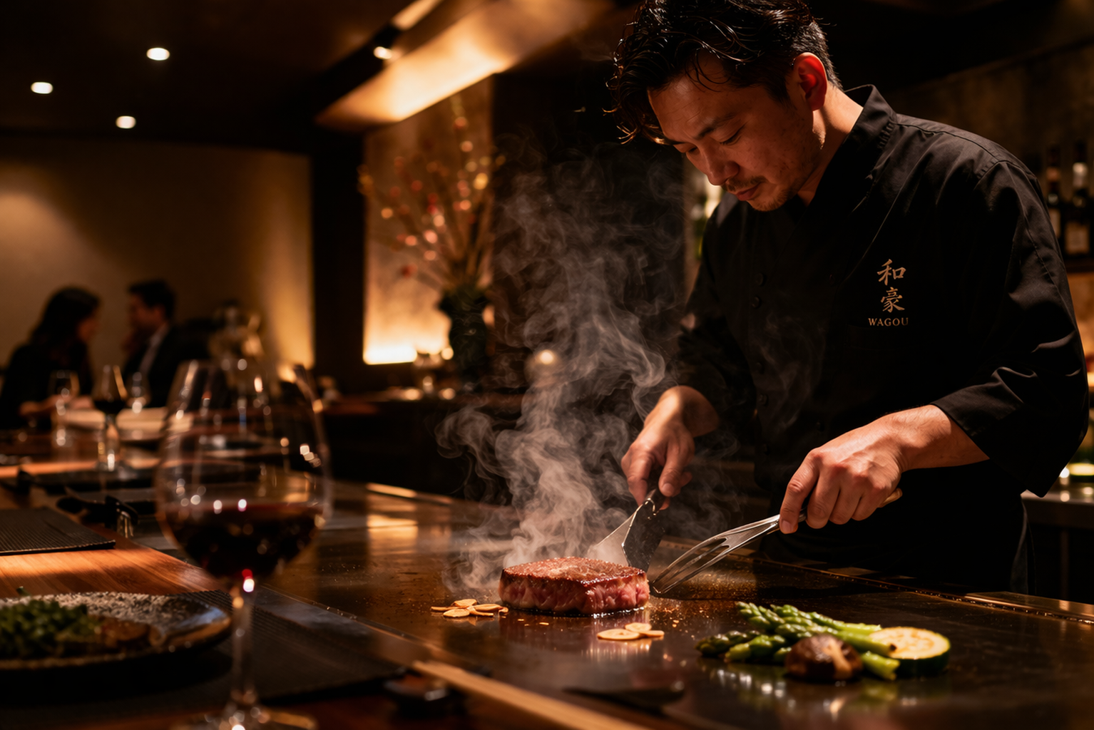 鉄板焼きカウンターでシェフがステーキを焼き上げる様子と立ち上る蒸気、落ち着いた照明の中でゆったりとした時間が流れる高級レストランの空間