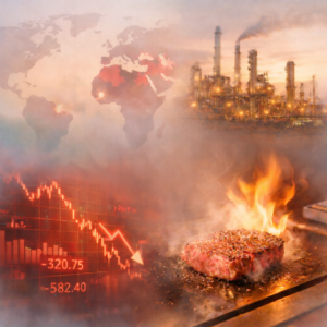 紛争地域を示す世界地図と石油施設、株価下落チャート、鉄板で焼かれるステーキを対比した、日本経済への影響を象徴するビジュアル