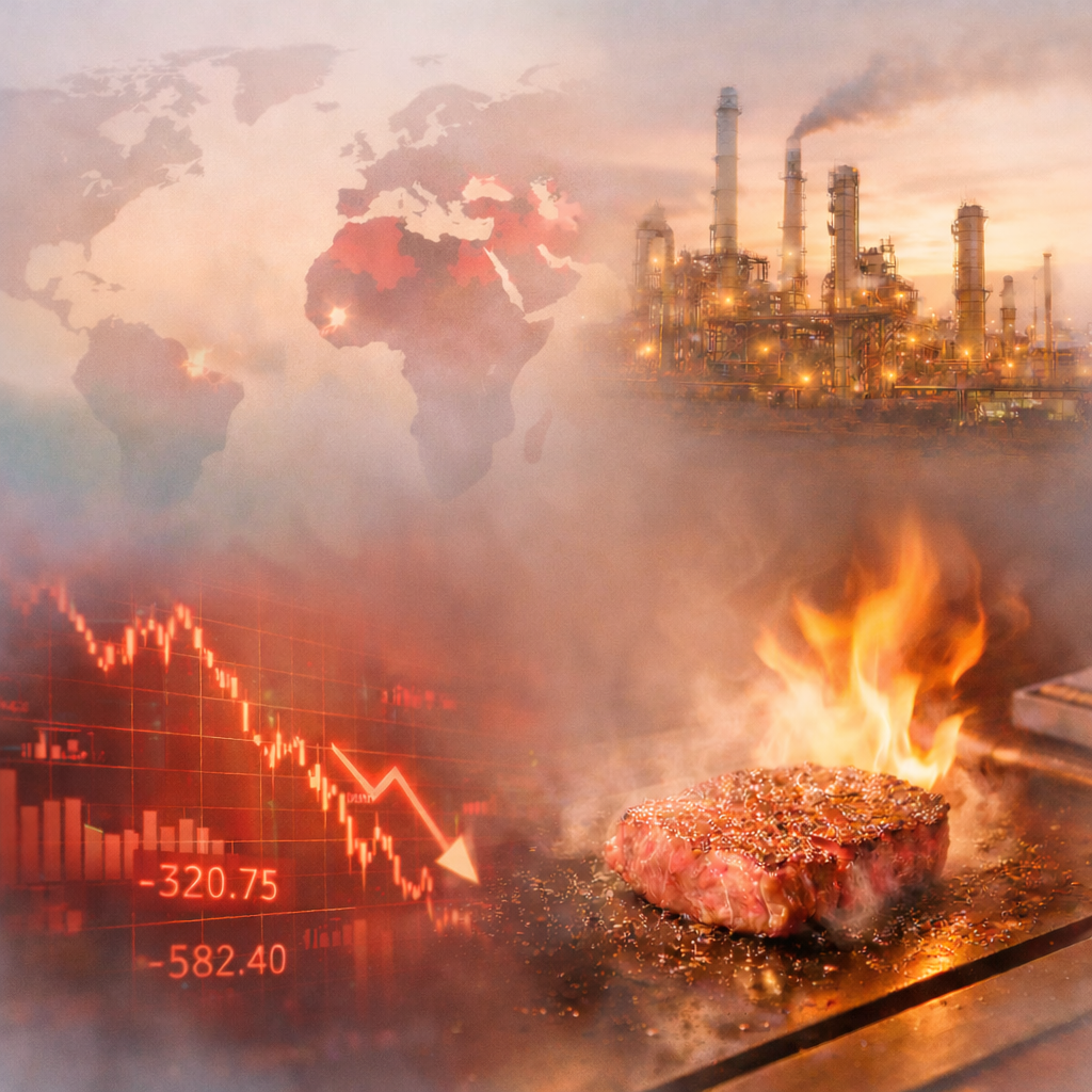 紛争地域を示す世界地図と石油施設、株価下落チャート、鉄板で焼かれるステーキを対比した、日本経済への影響を象徴するビジュアル