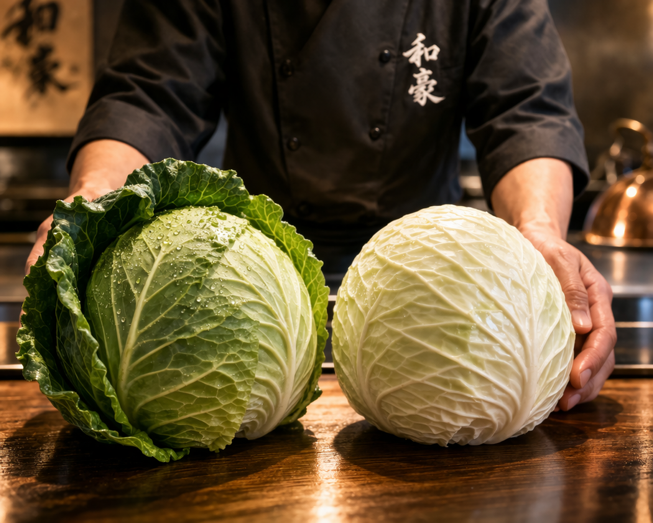 鉄板焼きカウンター上で和豪スタッフが選ぶ、外葉付きと外葉なしのキャベツを比較した高品質食材のイメージ
