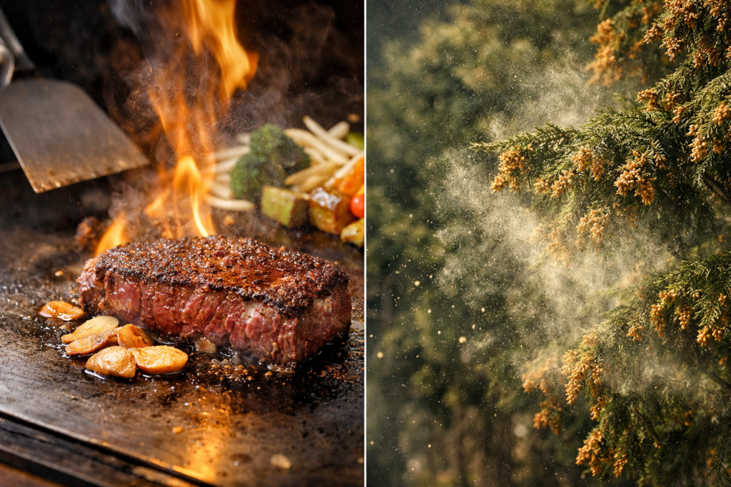 花粉シーズン到来と鉄板焼きステーキの対比イメージ、春の花粉症対策と食事の関係を表現したアイキャッチ画像