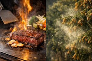 花粉シーズン到来と鉄板焼きステーキの対比イメージ、春の花粉症対策と食事の関係を表現したアイキャッチ画像