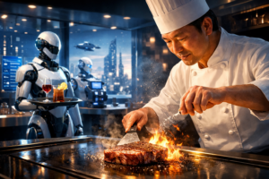 未来のレストランをイメージした鉄板焼きシェフとロボットサービス