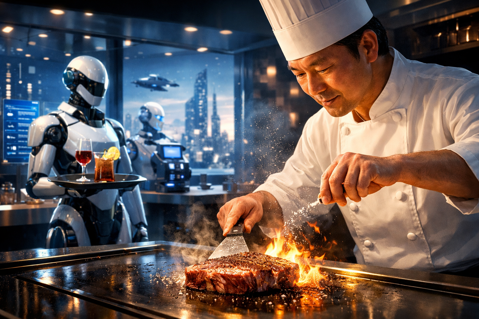 未来のレストランをイメージした鉄板焼きシェフとロボットサービス